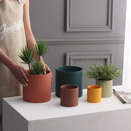 Nordic Industrial Style Colorful Ceramic Flowerpot Succulent Planter Green Plants Cylindrical Shape Flower Pot With Hole Tray - Maru Furniture Vases & Bowls # (Store description) 