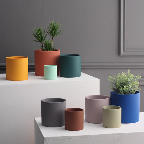 Nordic Industrial Style Colorful Ceramic Flowerpot Succulent Planter Green Plants Cylindrical Shape Flower Pot With Hole Tray - Maru Furniture Vases & Bowls # (Store description) 