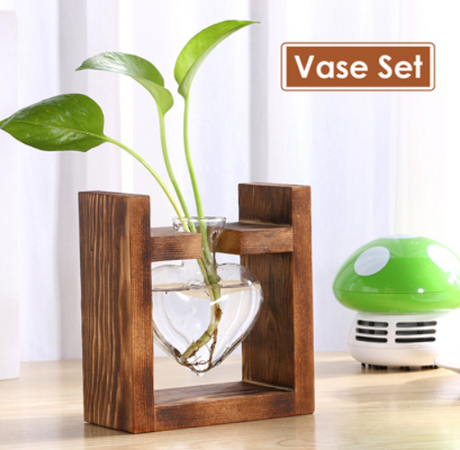 Glass Wood Vase Table Desktop Hydroponics Plant Stationery Bonsai Flower Pot