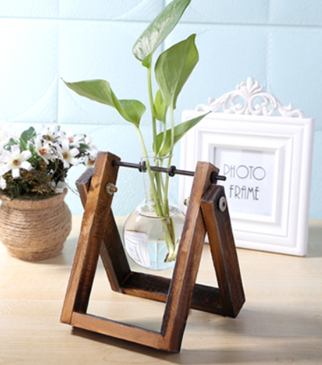 Glass Wood Vase Table Desktop Hydroponics Plant Stationery Bonsai Flower Pot Decoration Hanging Pots with Wooden Tray Pen Holder - Maru Furniture Plants & Flowers # (Store description) 