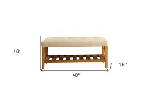 40" Beige and Brown Upholstered Polyester Bench with Shelves