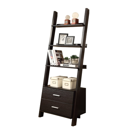 69" Gray and Black Wood Ladder Bookcase With Two drawers