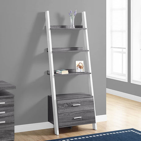 69" Gray and Black Wood Ladder Bookcase With Two drawers