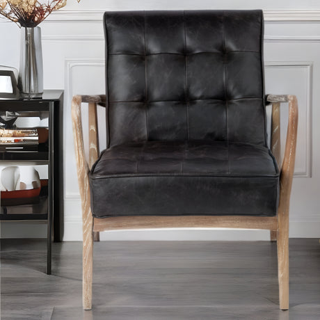 Black Leather Accent Chair With Wrapped Ash Wood Frame