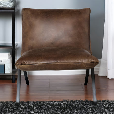 Medium Brown Leather Cushion Seat Accent Chair Solid Iron Base