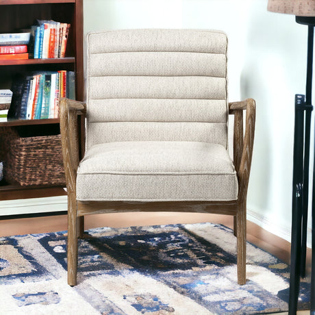 Cream Fabric Wrapped Medium Brown Accent Chair With Wooden Frame