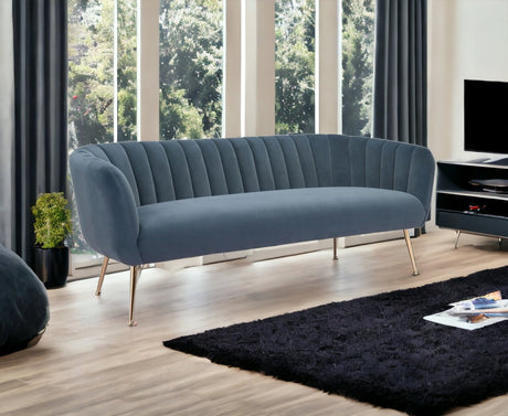 70" Gray And Gold Velvet Sofa