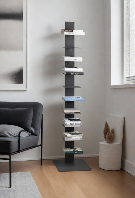 60" Dark Gray Metal Ten Shelf Modern Tower Bookcase