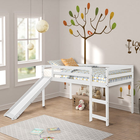 White Low Loft Bed With Slide