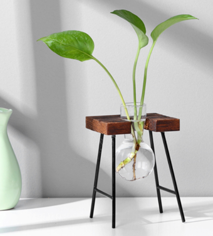 Glass Wood Vase Table Desktop Hydroponics Plant Stationery Bonsai Flower Pot Decoration Hanging Pots with Wooden Tray Pen Holder - Maru Furniture Plants & Flowers # (Store description) 