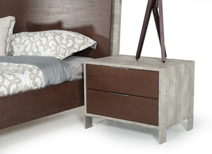 Modern Dark Walnut and Concrete Nightstand with Two Drawers