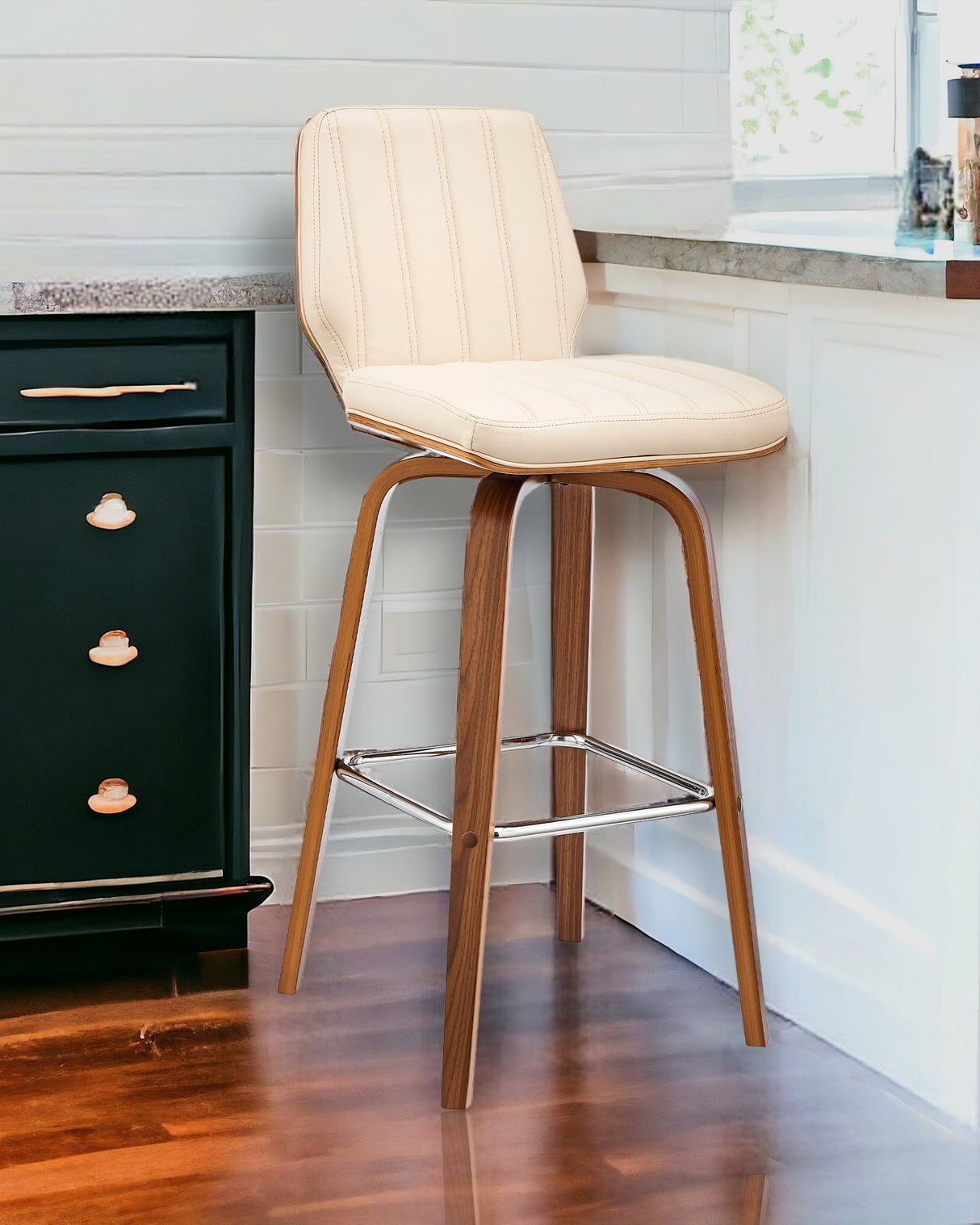 27" Cream And Brown Faux Leather And Solid and Manufactured Wood Swivel Counter Height Bar Chair