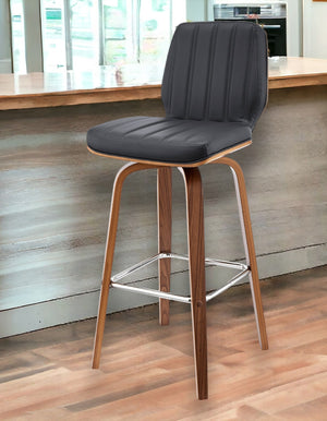 27" Gray And Brown Faux Leather And Solid + Manufactured Wood Swivel Counter Height Bar Chair