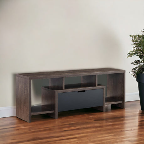 60" Walnut Oak And Black Manufactured Wood Cabinet Enclosed Storage TV Stand