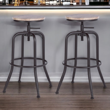 Set of Two Adjustable Height Natural And Black Steel Swivel Backless Counter Height Bar Chairs