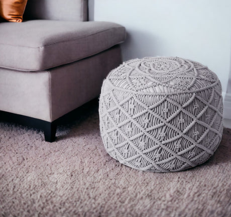 18" White Cotton Blend Round Floral Pouf Ottoman