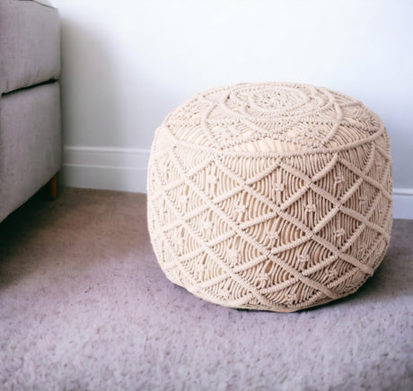 18" White Cotton Blend Round Floral Pouf Ottoman