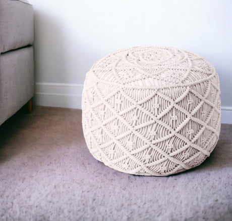 18" White Cotton Blend Round Floral Pouf Ottoman