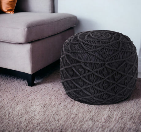 18" White Cotton Blend Round Floral Pouf Ottoman