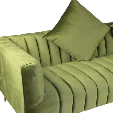 90" Moss Green Velvet And Gold Sofa With Two Toss Pillows