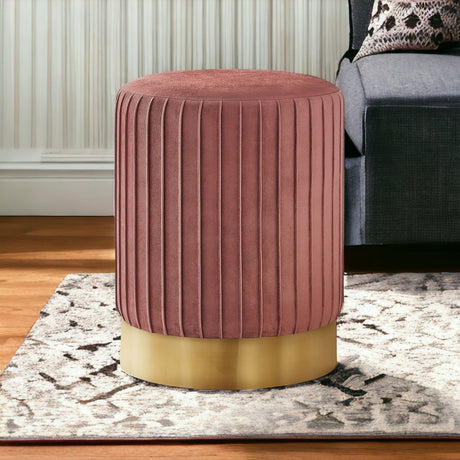 14" Pink Velvet And Gold Round Ottoman