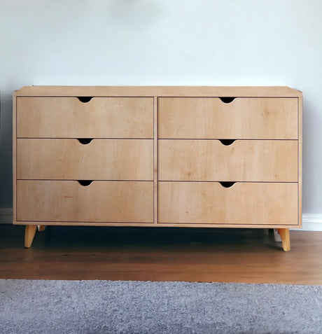 59" Natural Scoop Handle Six Drawer Double Dresser