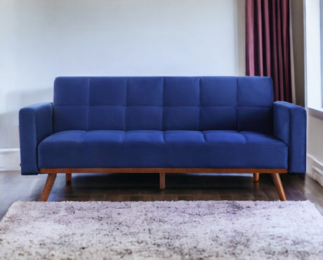 76" Blue Velvet Sleeper Sofa With Natural Legs