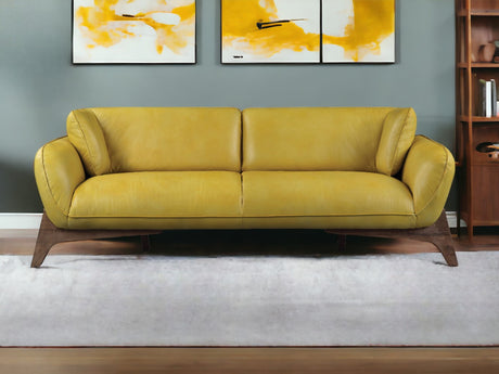 90" Mustard Leather And Black Sofa