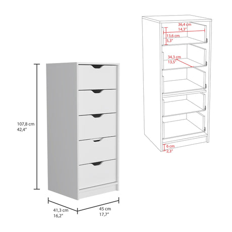 18" White Manufactured Wood Five Drawer Tall and Narrow Dresser