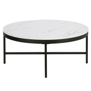 36" White And Black Faux Marble And Steel Round Coffee Table