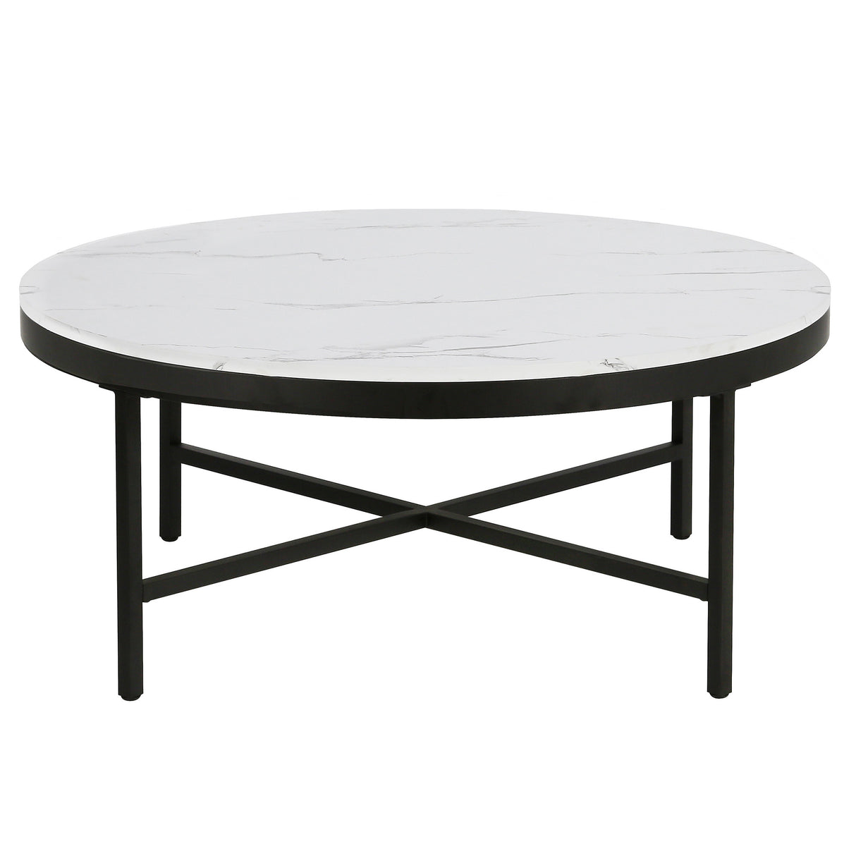 36" White And Black Faux Marble And Steel Round Coffee Table