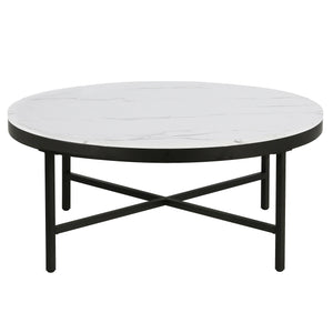 36" White And Black Faux Marble And Steel Round Coffee Table