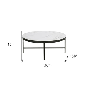 36" White And Black Faux Marble And Steel Round Coffee Table