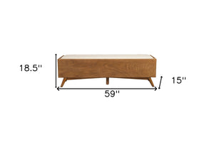 59" Beige and Brown Upholstered Polyester Blend Bench with Drawers