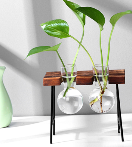 Glass Wood Vase Table Desktop Hydroponics Plant Stationery Bonsai Flower Pot Decoration Hanging Pots with Wooden Tray Pen Holder - Maru Furniture Plants & Flowers # (Store description) 