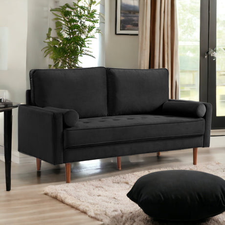 69" Black Velvet Sofa And Toss Pillows With Dark Brown Legs