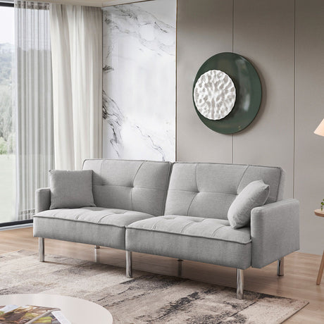 85" Light Gray Polyester Blend Convertible Futon Sleeper Sofa And Toss Pillows With Silver Legs