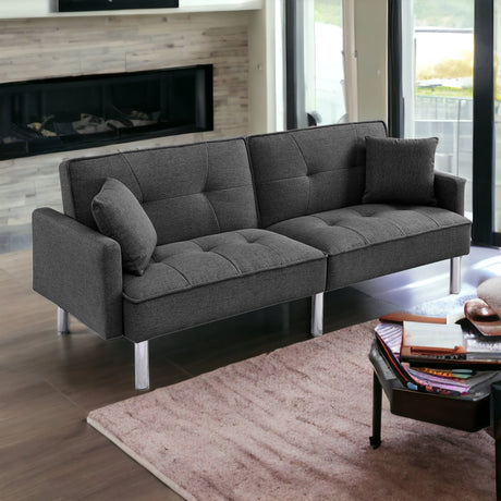 85" Dark Gray Polyester Blend Convertible Futon Sleeper Sofa And Toss Pillows With Silver Legs